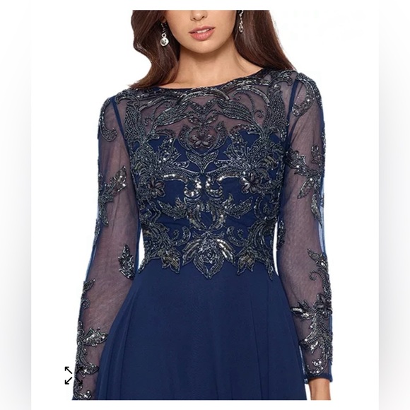 Women's Sequin Embellished Long Sleeve Chiffon Gown in Navy Blue - Picture 3 of 8